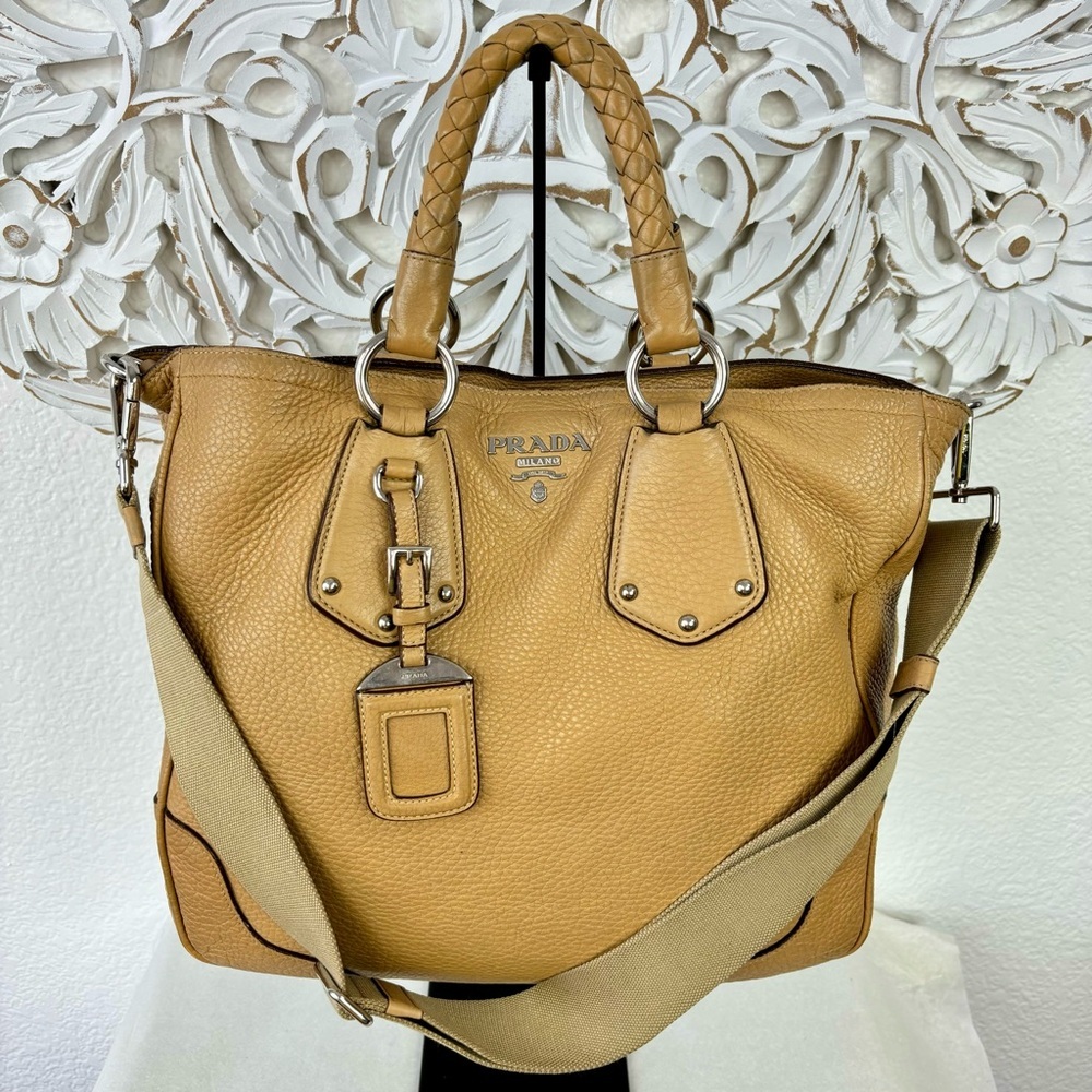 {Prada} Vitelli Daino Pebble Leather Braided Handle Open Tote